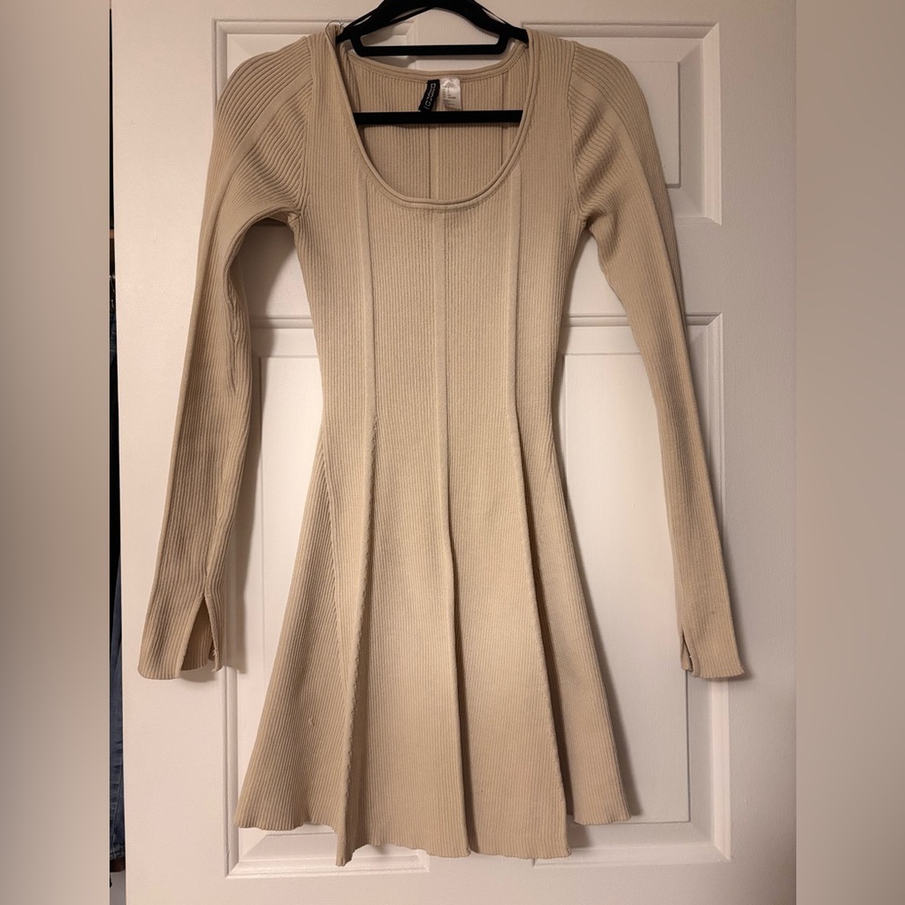 Cream Ribbed Knit Dress